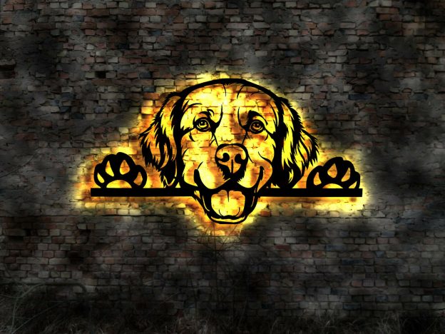 Golden Retriever Hund 3D-Wandbild Holz mit LED Licht